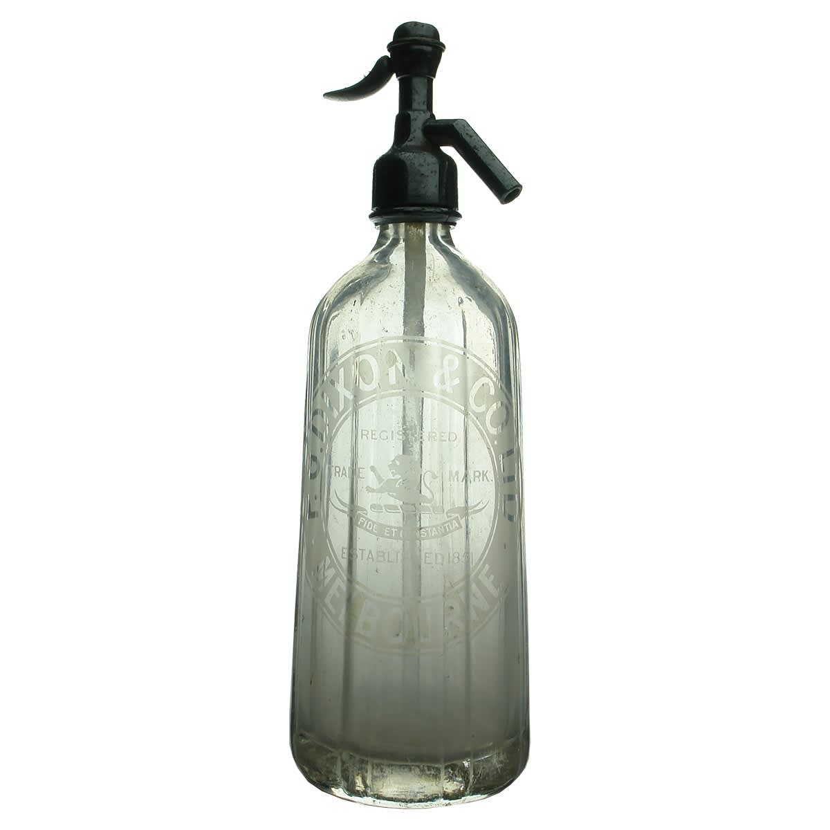 Soda Syphon. P. G. Dixon & Co Ltd, Melbourne. Demi Lion Rampant. Pyramid shape. (Victoria)