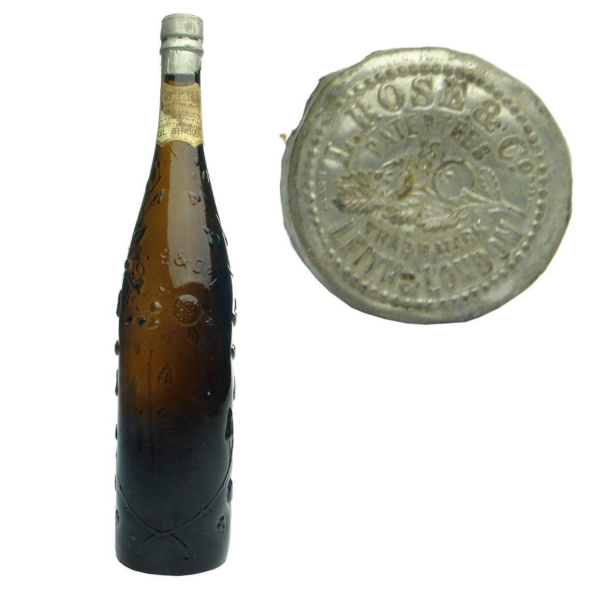 Cordial. L. Rose & Co. Dark Amber / Olive. Zetril label, original stopper and lead seal. 20 oz. (United Kingdom)