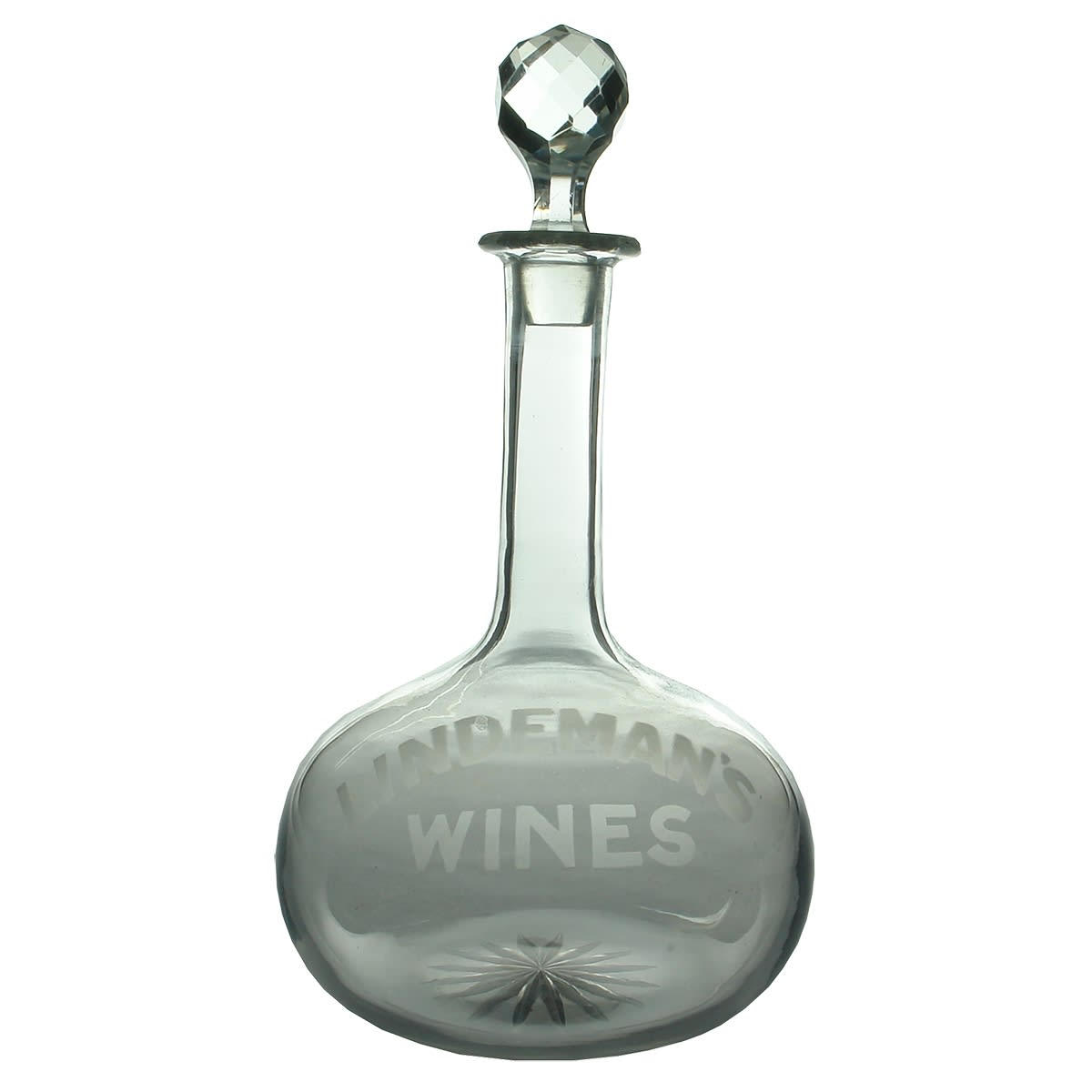 Wine Decanter. Etched: Lindeman's Wines. Narrow neck. With stopper.