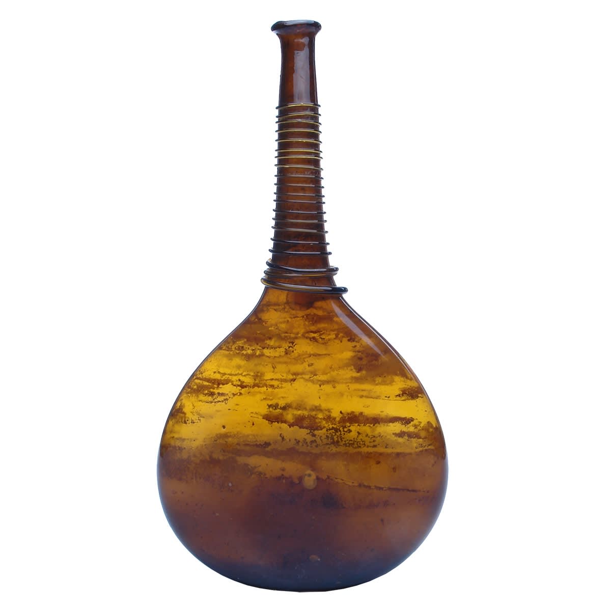 Early Glass. Amber Persian Sack Type Bottle with Trailed Glass Neck Spiral.