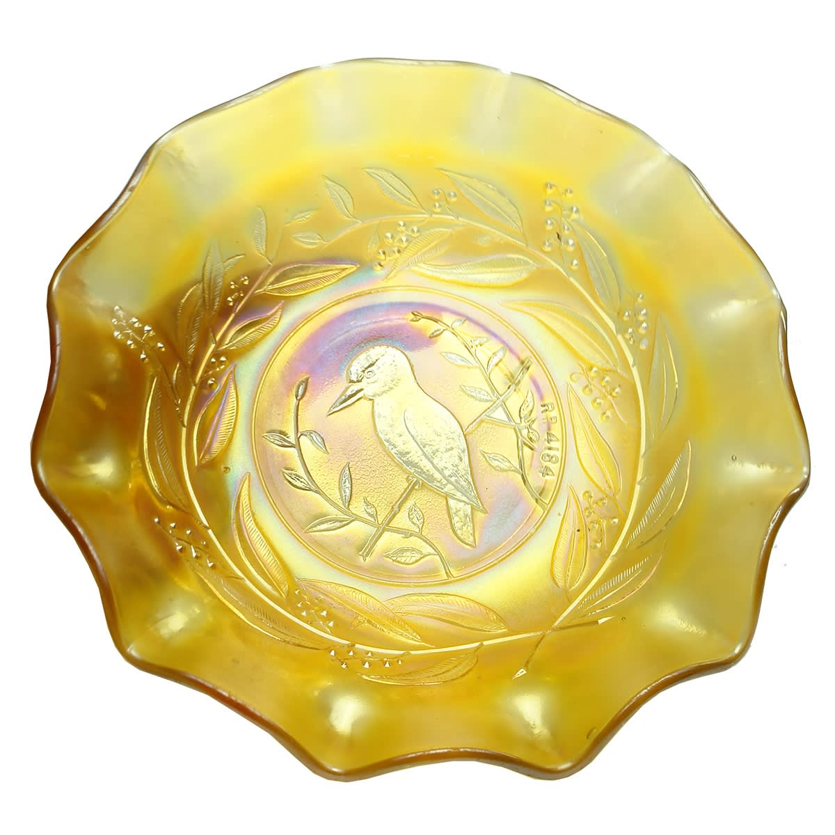 Large Kookaburra Rd 4184 Marigold Carnival Glass Bowl.