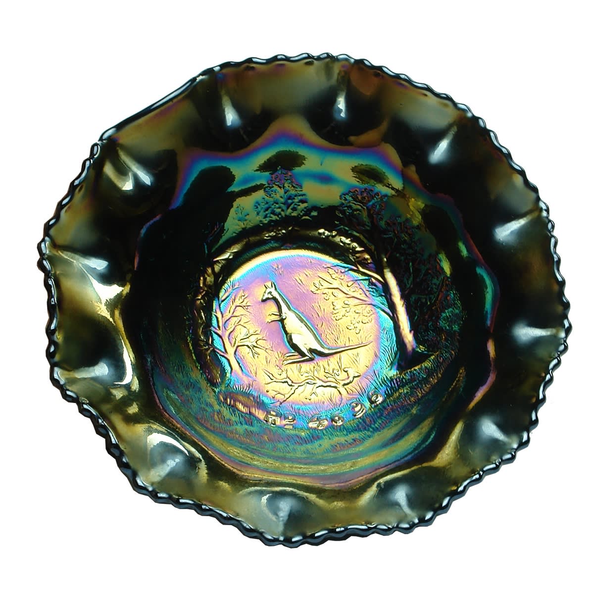 Small Kangaroo Rd 4696 Dark Carnival Glass Bowl.