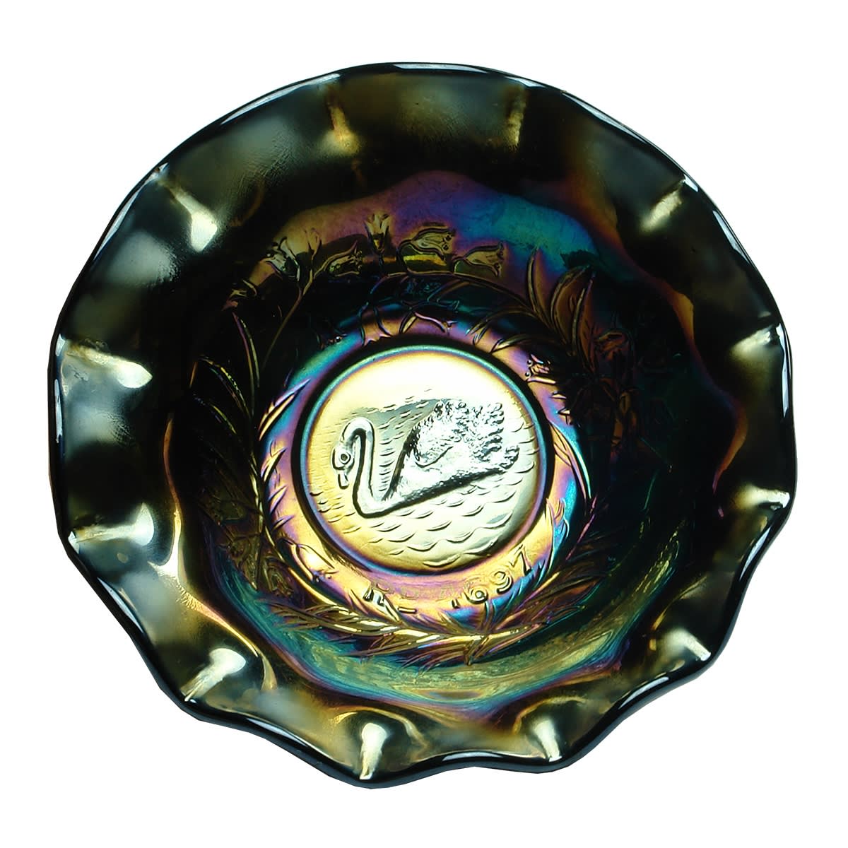 Small Swan Rd 4697 Dark Carnival Glass Bowl.