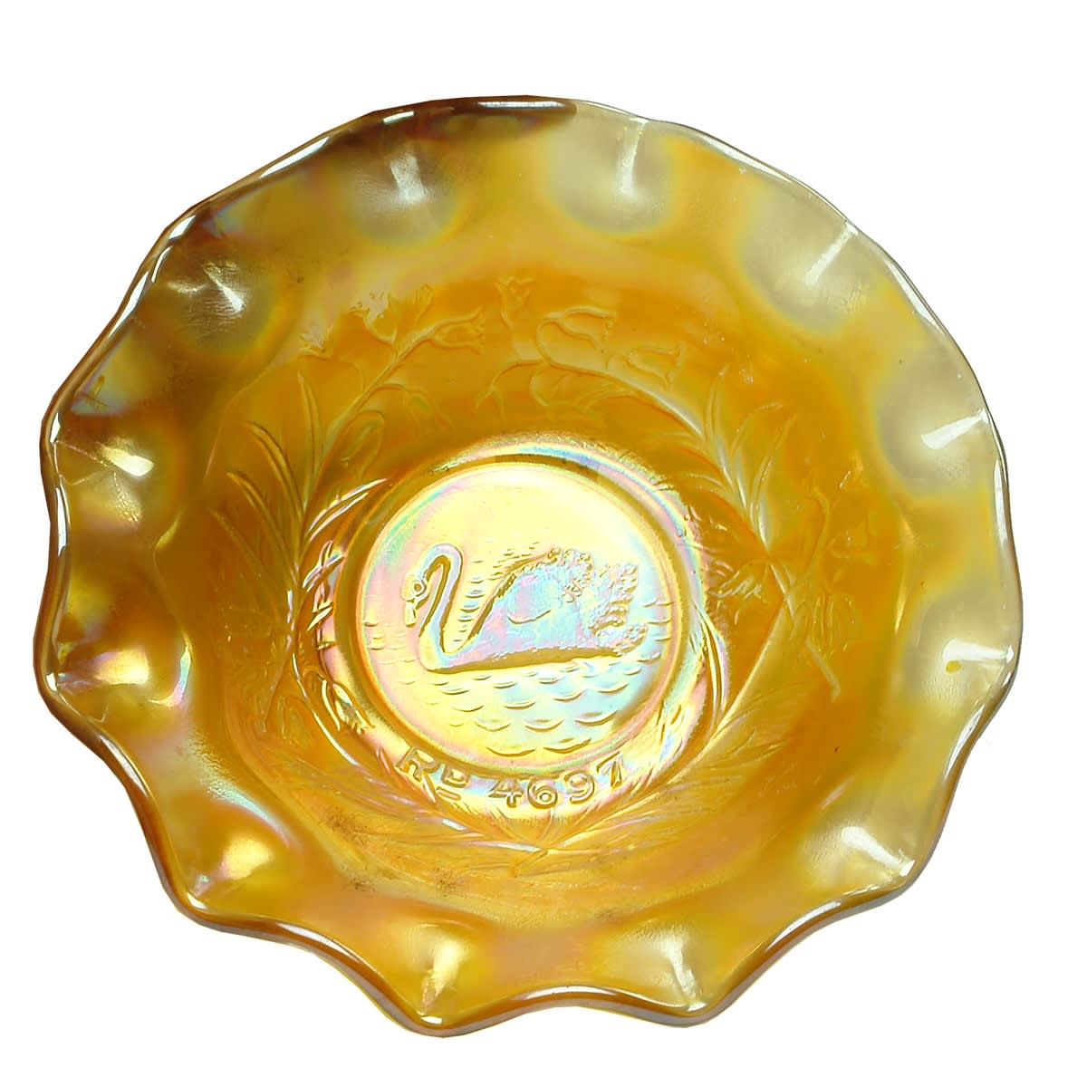 Small Swan Rd 4697 Marigold Carnival Glass Bowl.