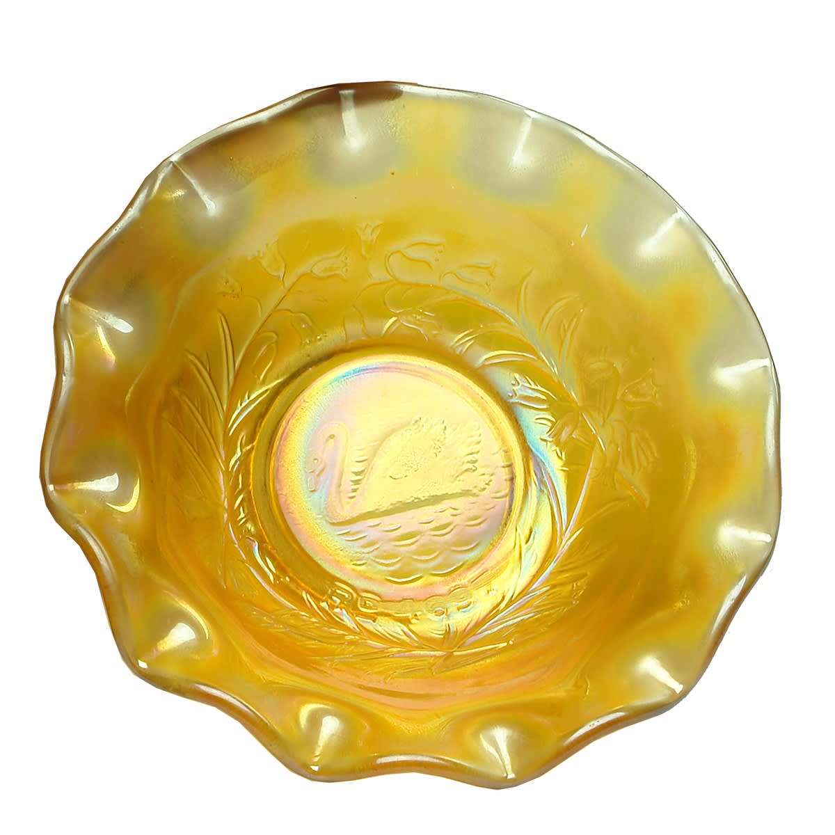 Small Swan Rd 4697 Marigold Carnival Glass Bowl.