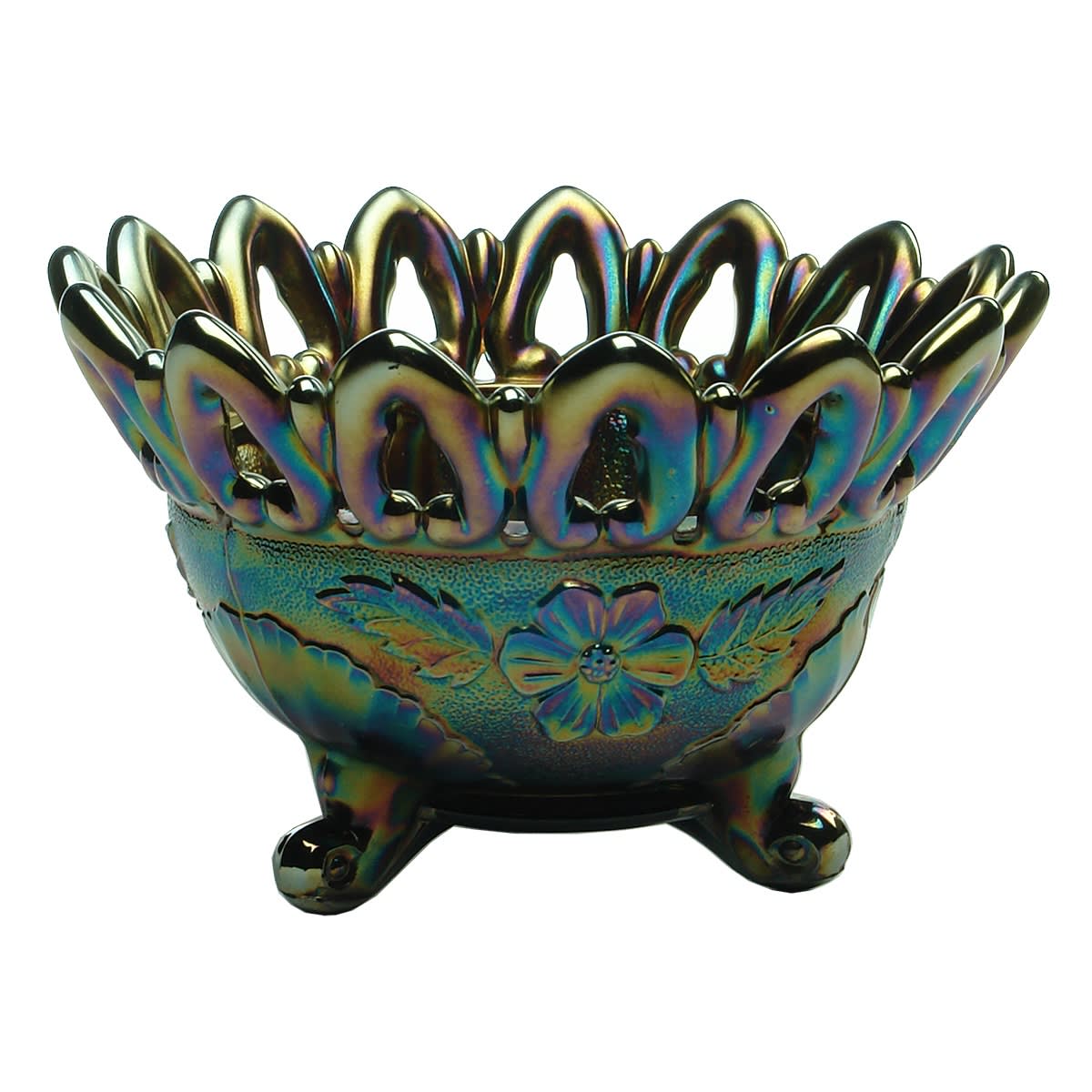 Fancy Carnival Glass Bowl. Dark Glass. Three feet to base.