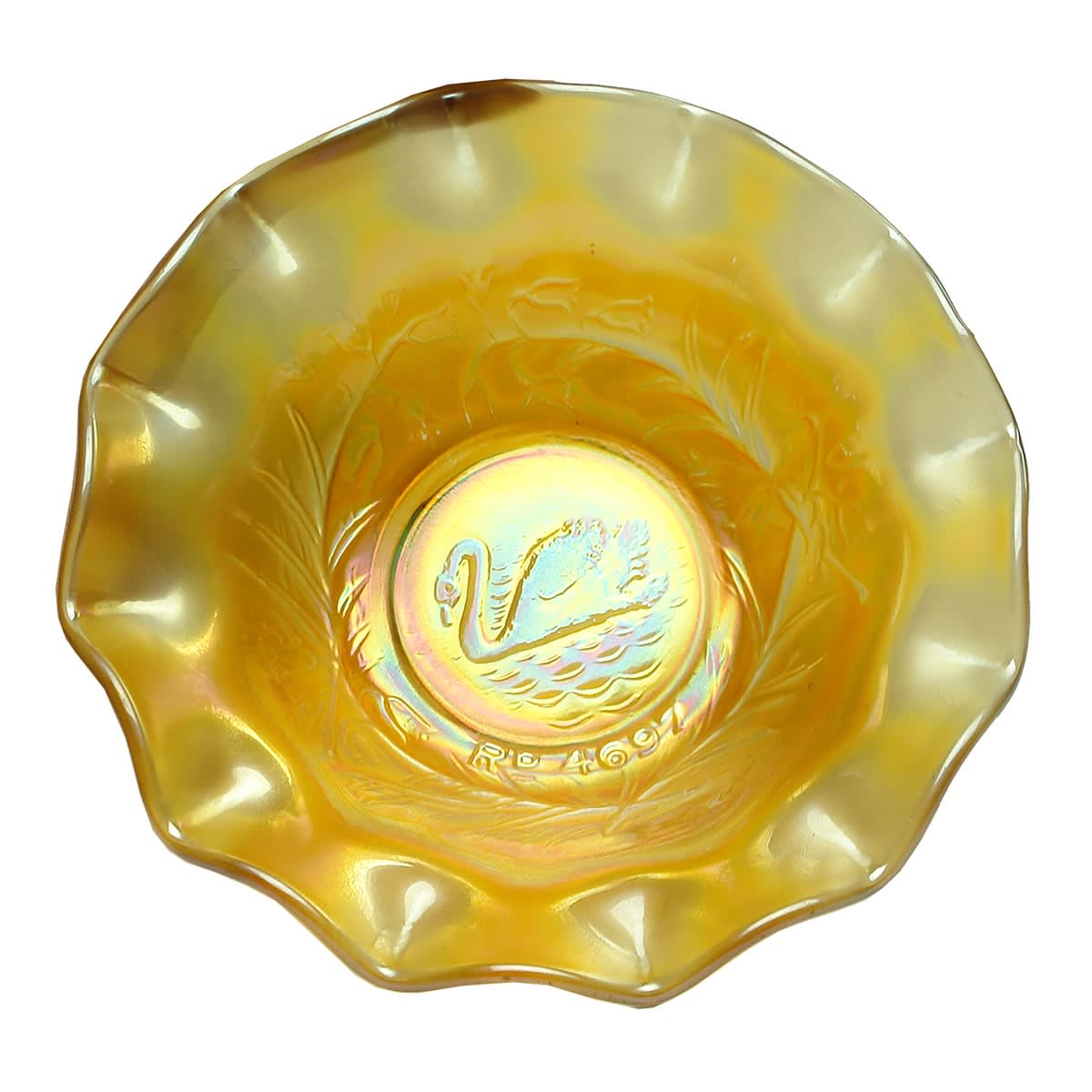 Small Swan Rd 4697 Marigold Carnival Glass Bowl.