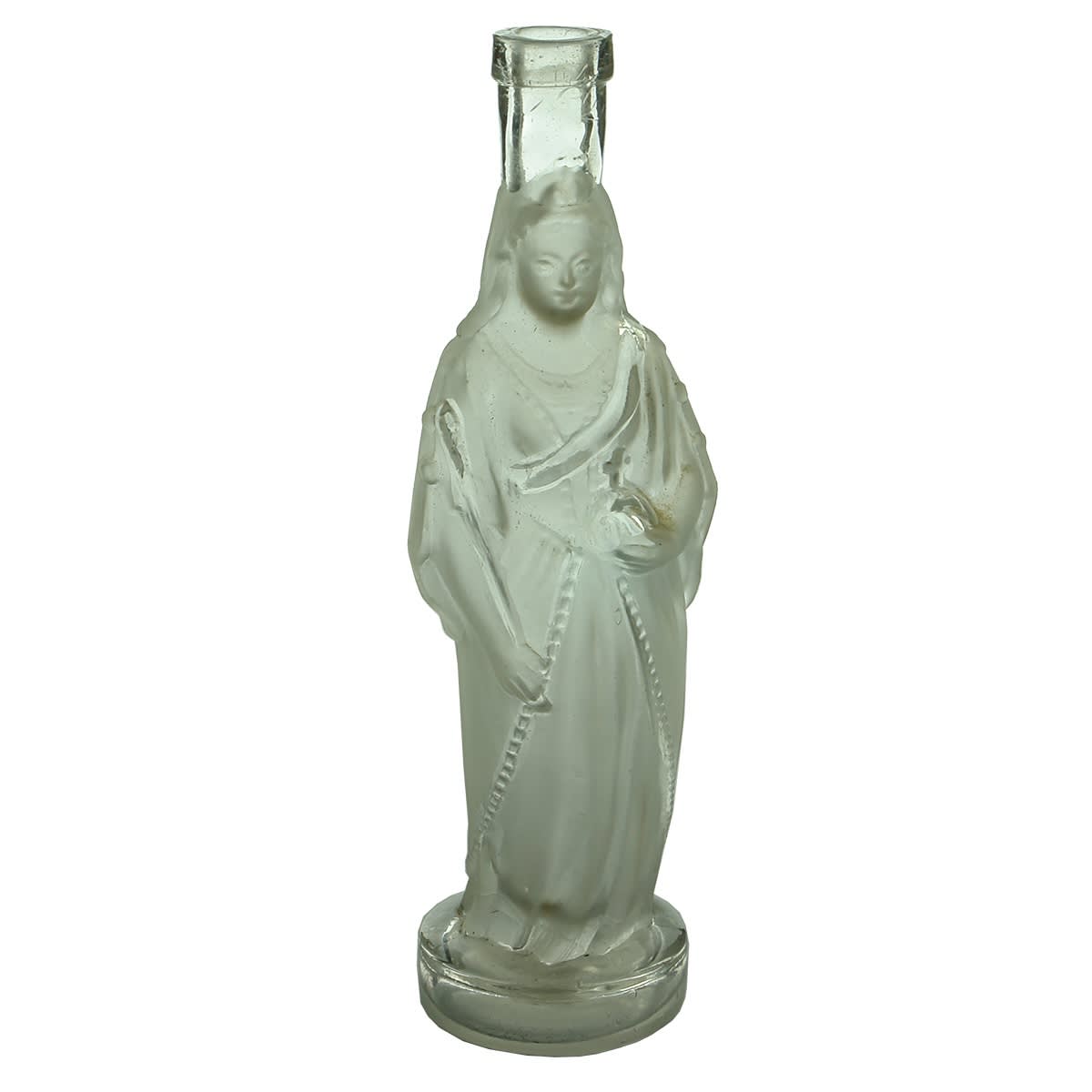 Figural Bottle. Queen figure with Globe and Sceptre. Frosted clear glass. Pontil scar to base. Legras type bottle.