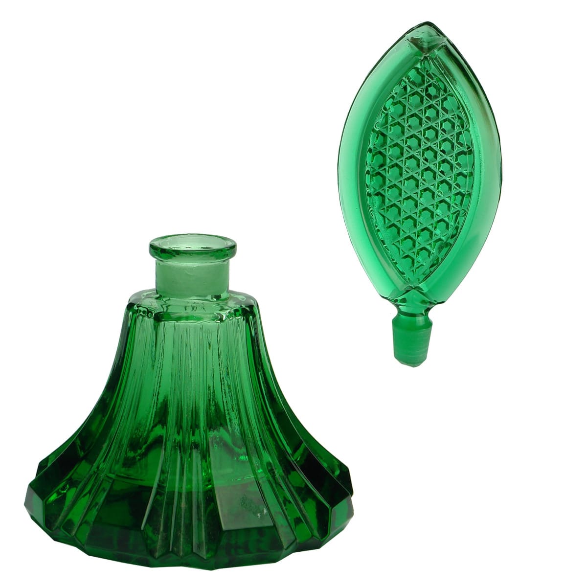 Perfume. Heavy cut glass green bell shaped perfume with fancy flat leaf shaped stopper.