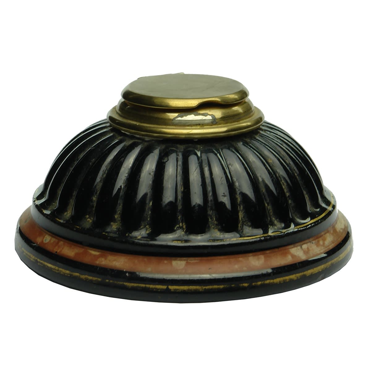 Ink. William Mitchell, London pottery inkwell with hinged brass lid. (United Kingdom)