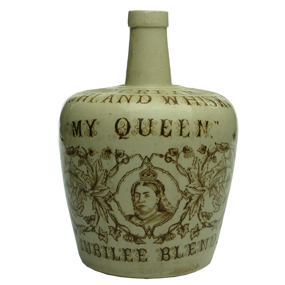 Whisky Jug. My Queen. Jubilee Blend. Thom & Cameron Ltd, Glasgow. All White with Sepia Print. (Scotland)