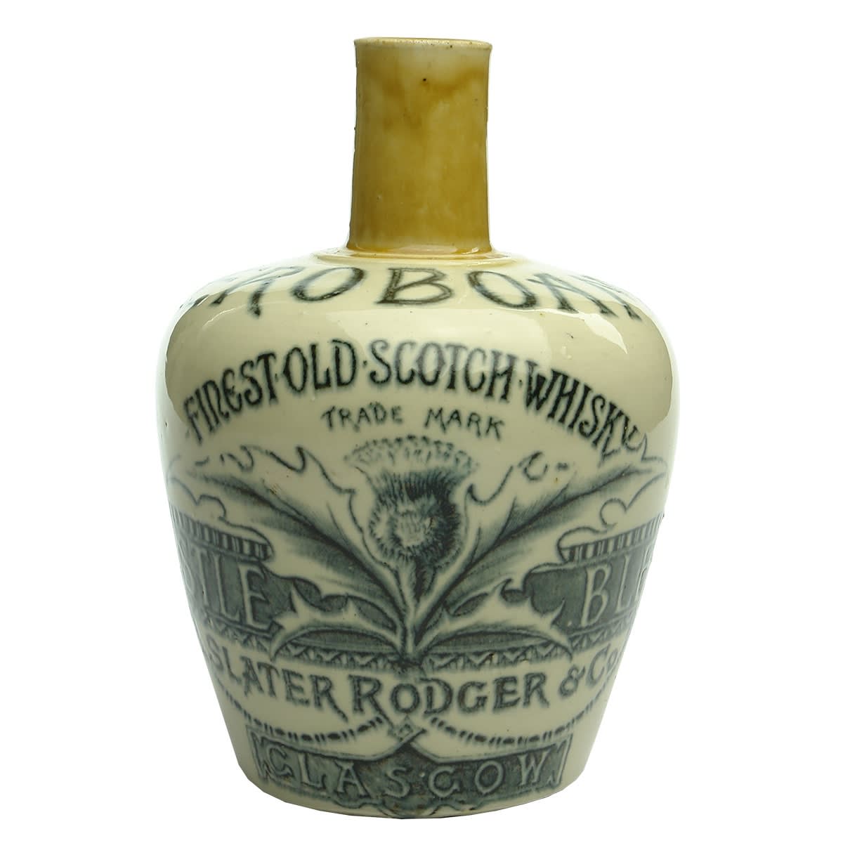 Whisky. Slater Rodger & Co., Glasgow, Thistle Blend. Tan Top. 1 Quart.