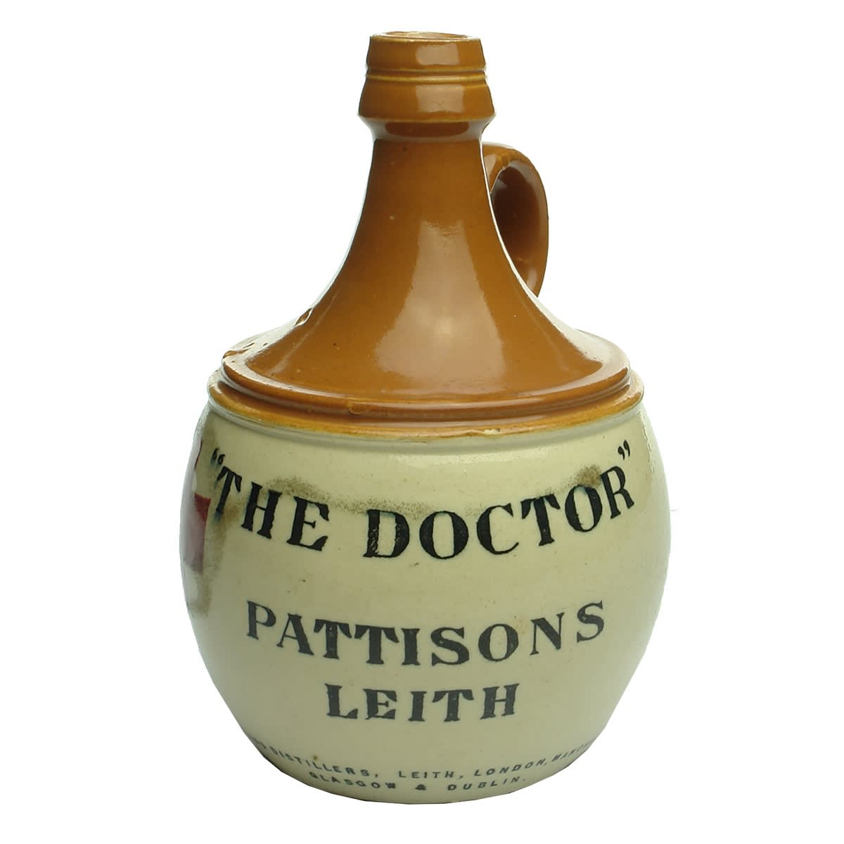 Whisky Jug. The Doctor. Pattisons Leith. Red Cross. Red Top. Buchan Portobello Pottery.