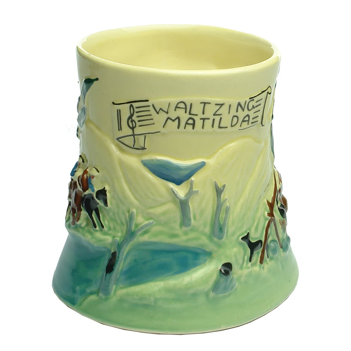 Pottery Mug. Waltzing Matilda with musical mechanism. Diana Pottery