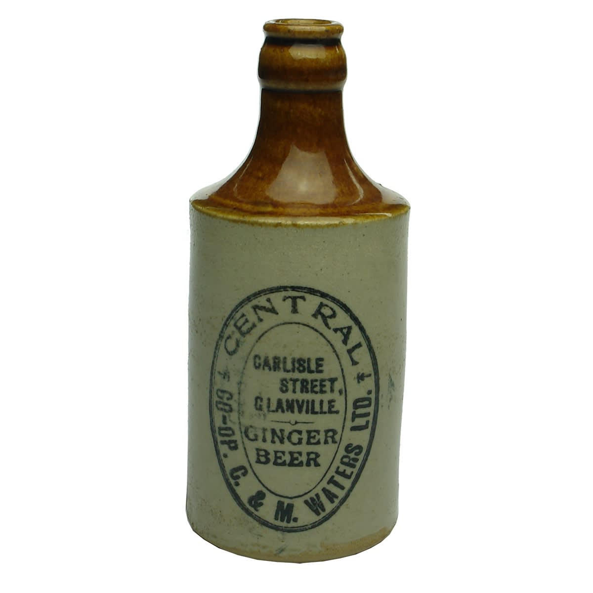 Ginger Beer. Central Co-Op. C. & M. Waters Ltd., Carlisle Street, Glanville. Dump. Crown Seal. Tan Top. (South Australia)