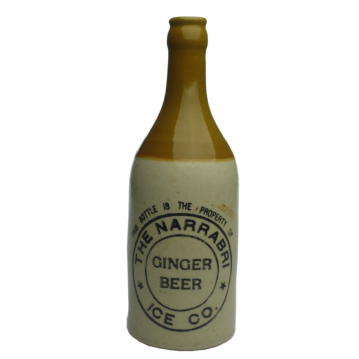 Ginger Beer. The Narrabri Ice Co. Fowler pottery. Crown Seal. (New South Wales)