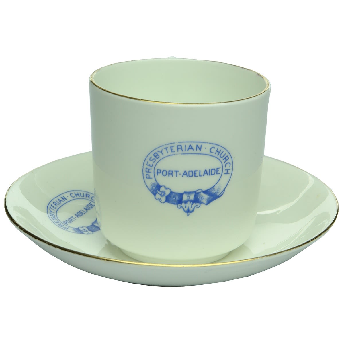 Hotelware. Port Adelaide Presbyterian Church Cup and Saucer, Heathcote China. Blue print. (South Australia)