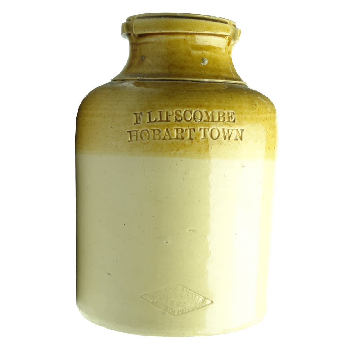 Jar. Lipscombe, Hobart Town. Doulton & Watts. Stoneware. (Tasmania)