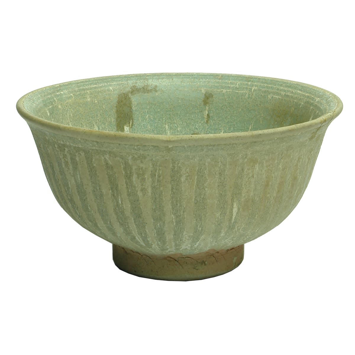 Bowl. Terracotta with greenish grey glaze and raised column decoration around the outside.