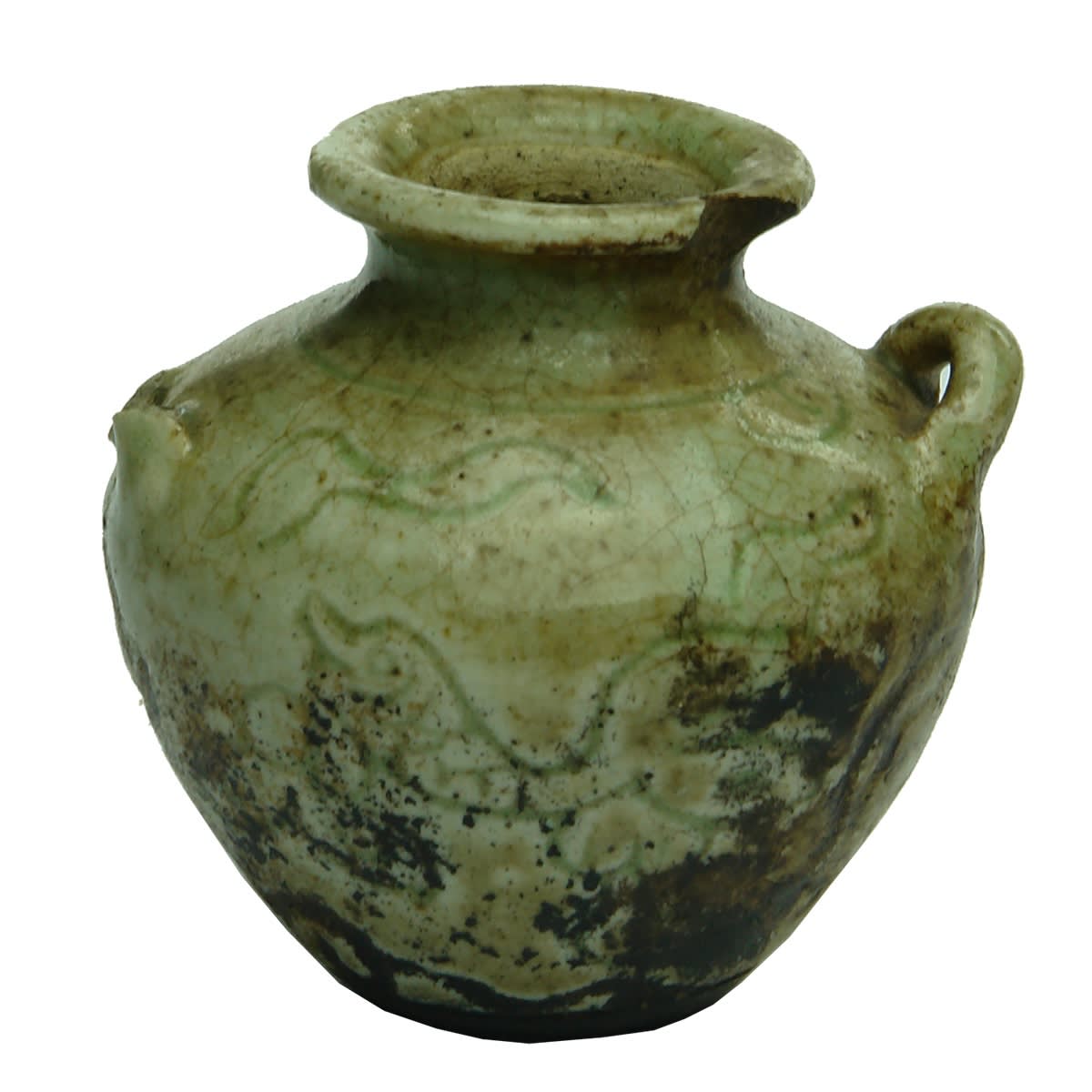 Small round pot. Incised decoration. Loops on shoulders.