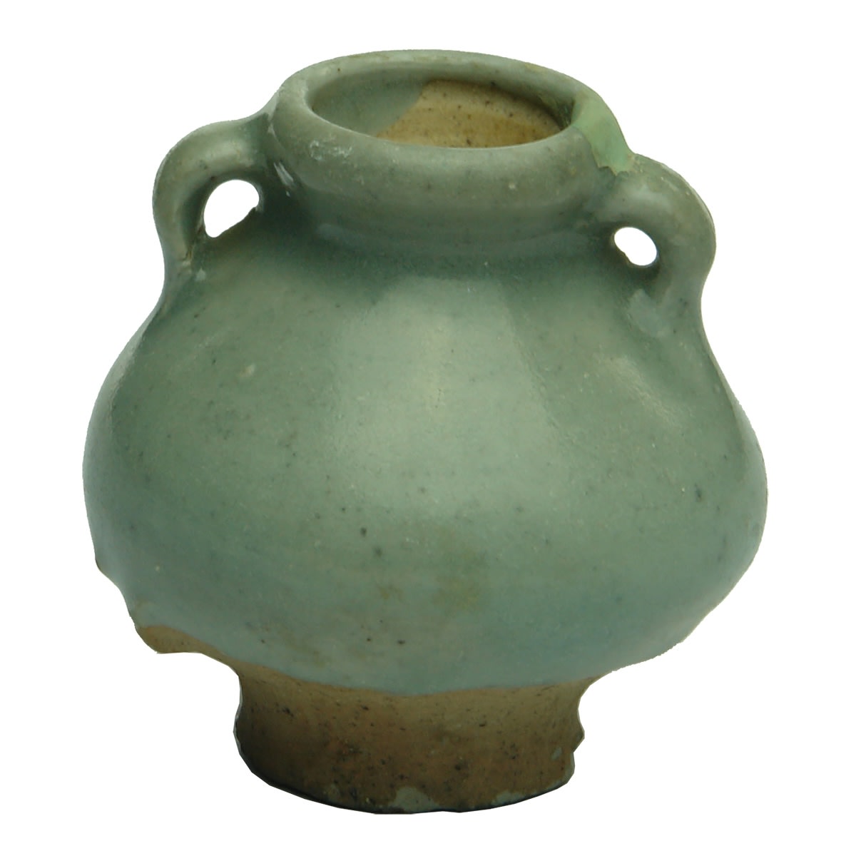 Small round pot. Loop handles either side of top. Blue-grey glaze.