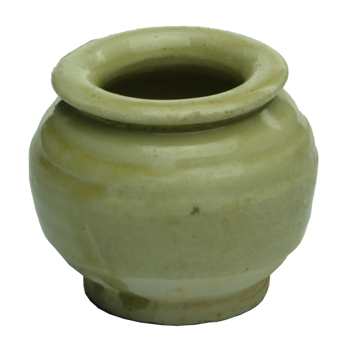 Small round wide mouth pot. White/Greenish glaze.