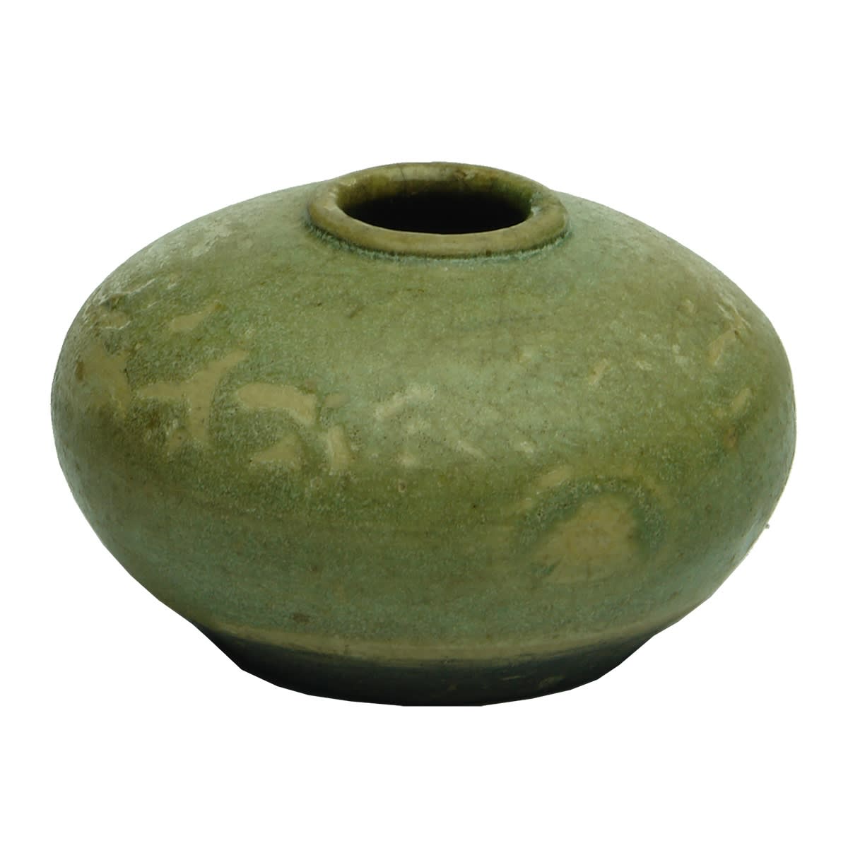 Small squat round pot. Blotchy greenish glaze.