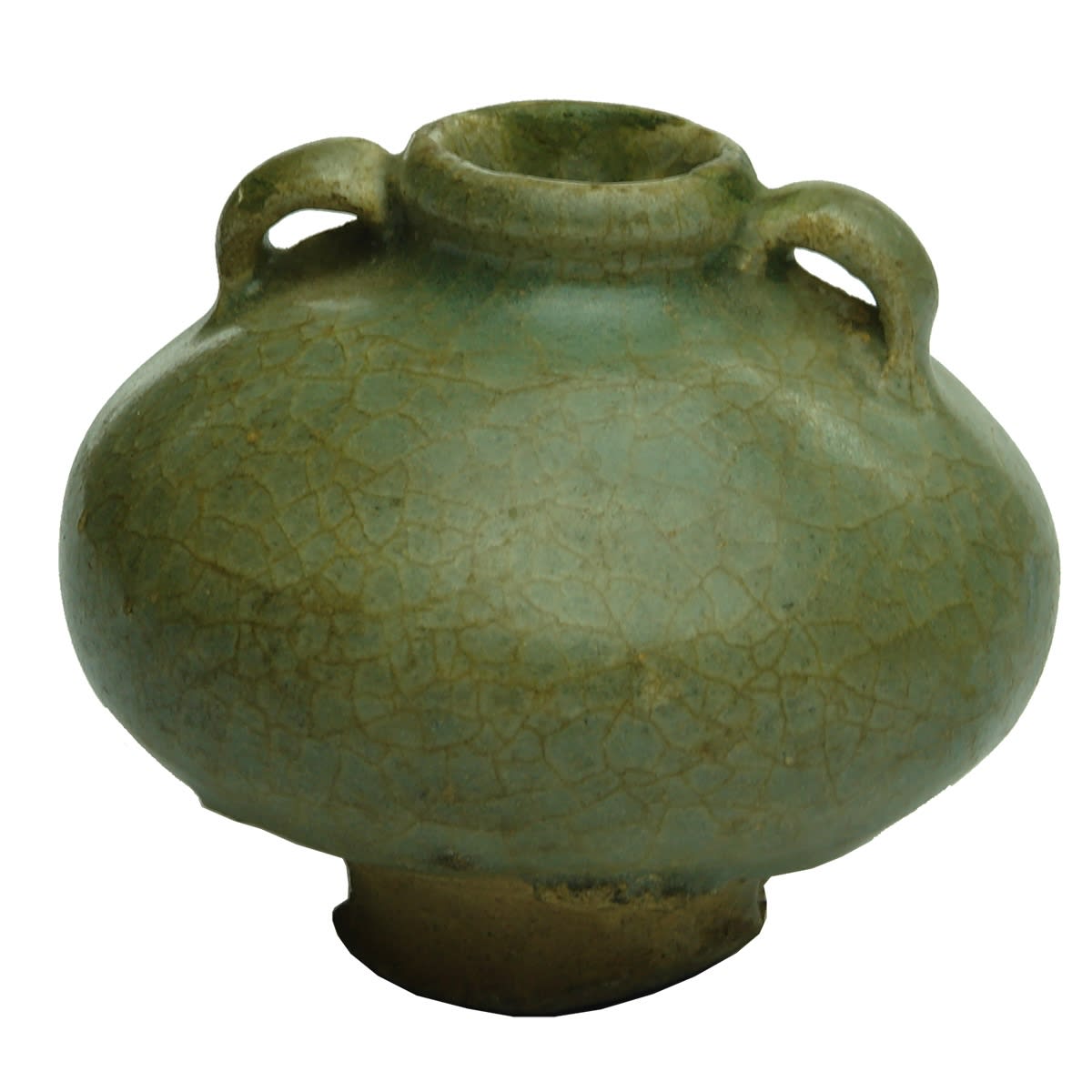 Small wide round pot. Loop handles either side of top. Thick greenish glaze.