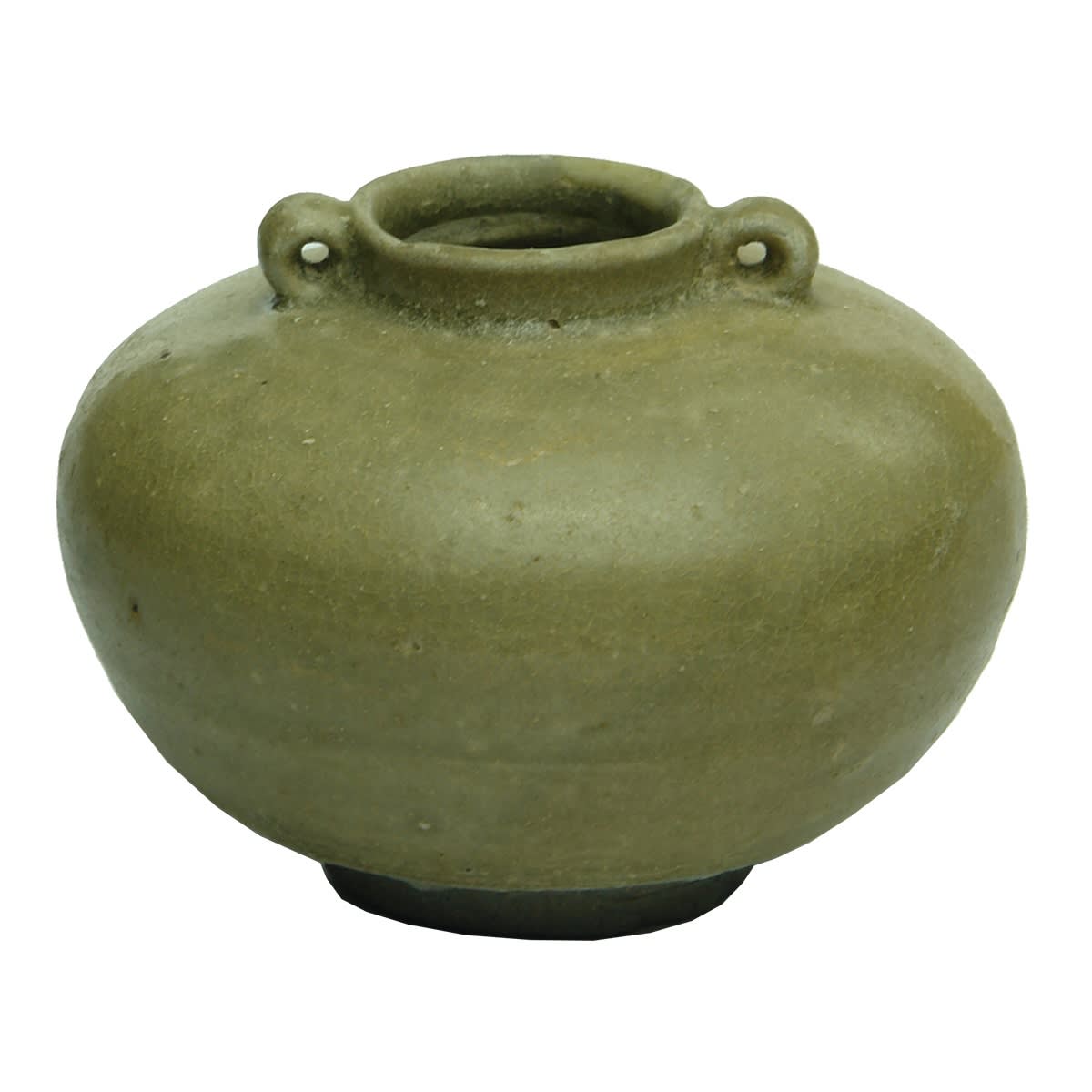 Small jar with loops either side of opening. Tag with it says Thai Celadon, Circa 1500.