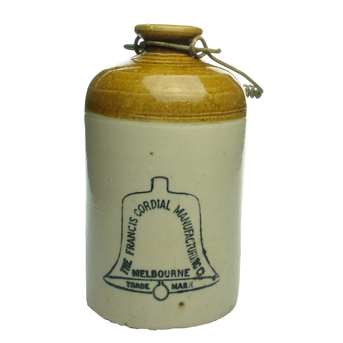 Demijohn. The Francis Cordial Manufacturing Co., Melbourne. Printed. Tan Top. Internal Thread. 1/2 Gallon. (Victoria)