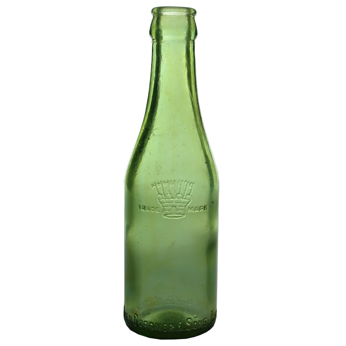 Crown Seal. Owen Gardner & Sons Brisbane. Turret and Axes. Pale Lime Green. 6 oz. (Queensland)