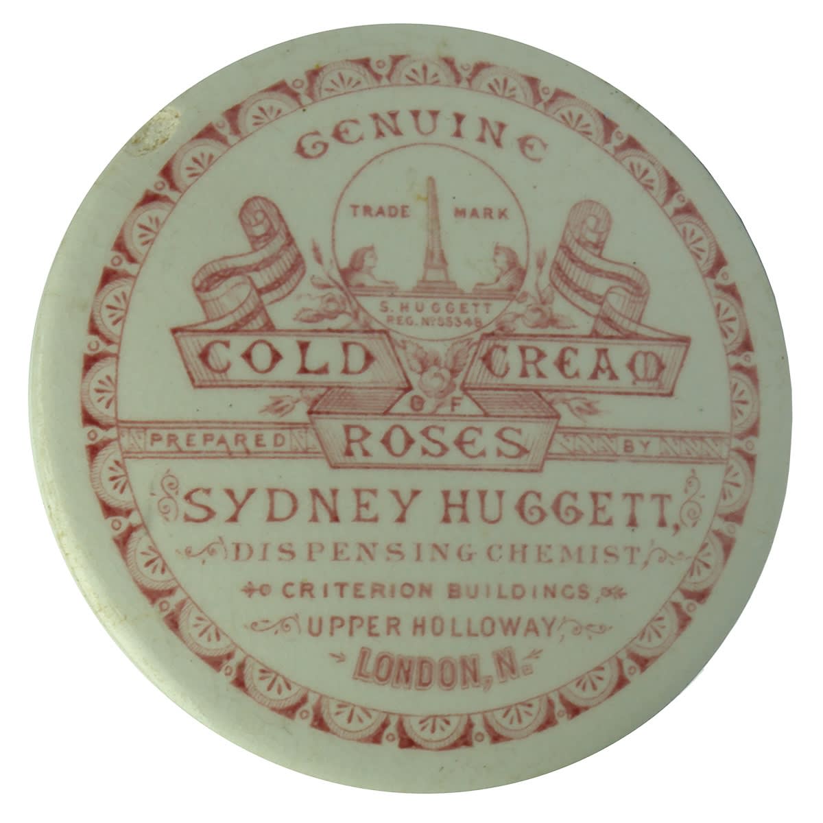 Pot Lid. Sydney Huggett, Cold Cream of Roses, London. Red Print. (United Kingdom)