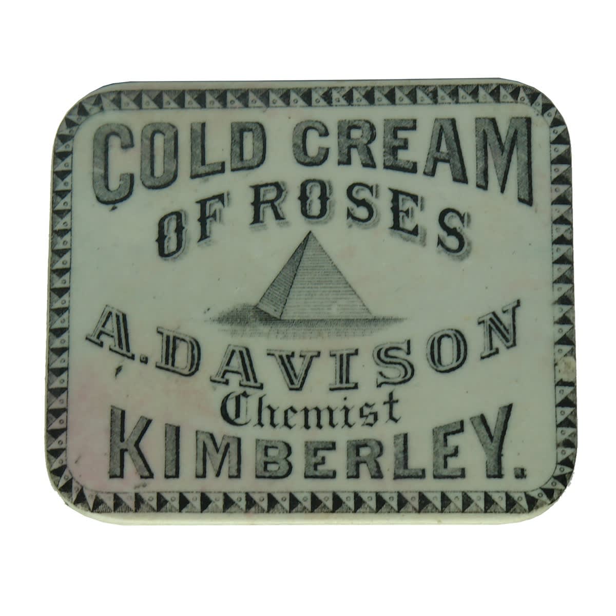 Pot Lid. A. Davison Chemist Kimberley. Pyramid. Cold Cream of Roses. Rectangular lid. (South Africa)