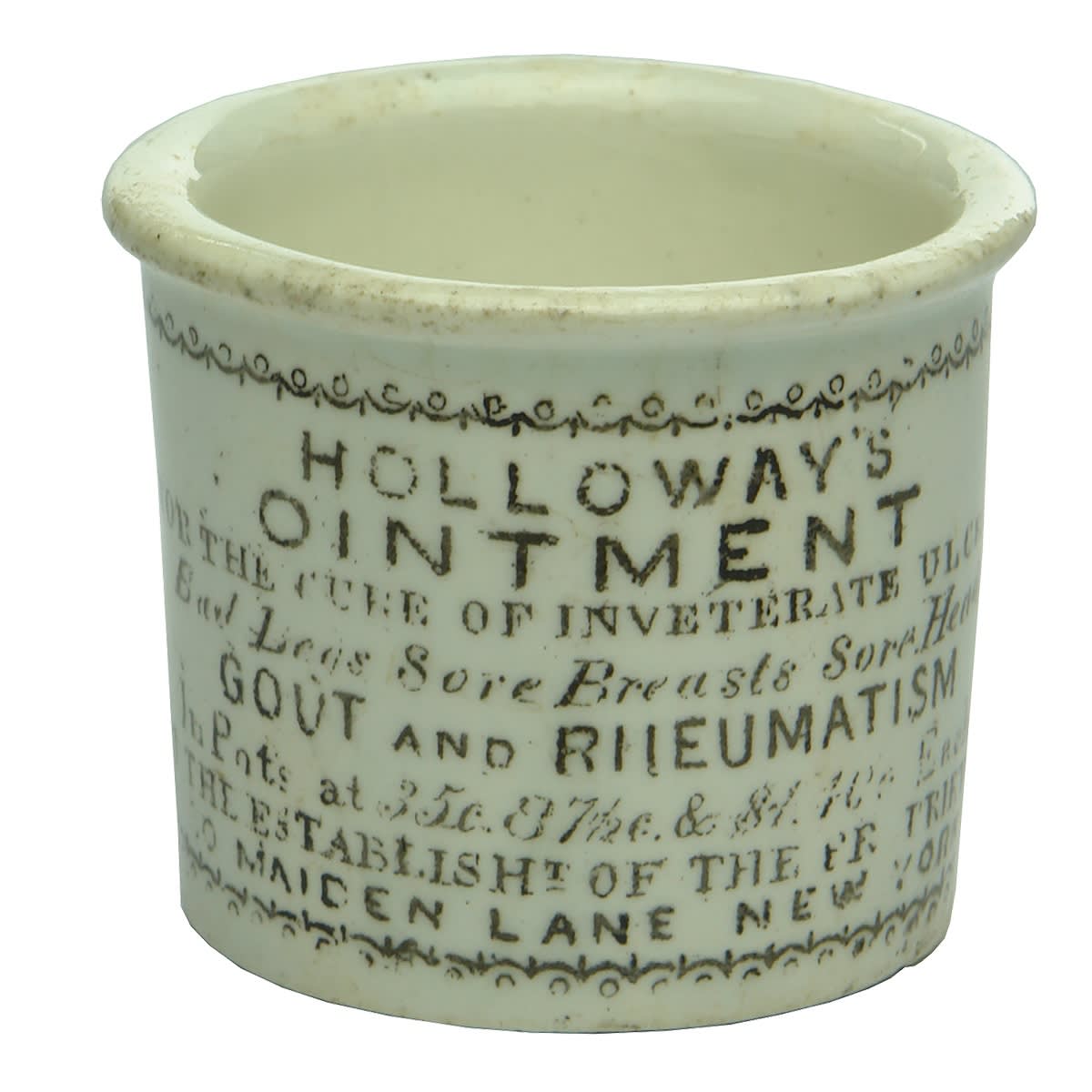 Holloways Ointment Pot. Maiden Lane, New York.