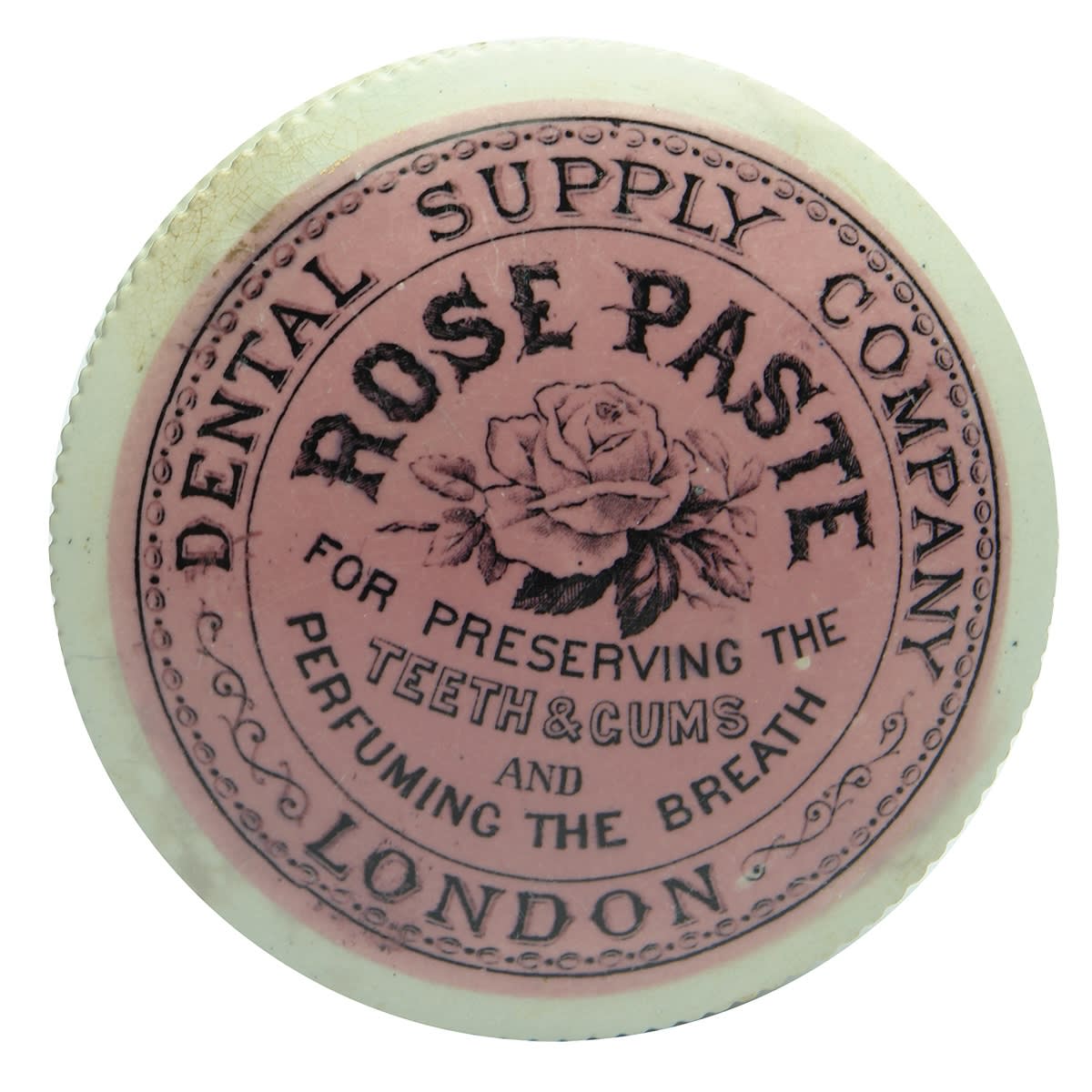 Pot Lid. Dental Supply Company, Rose Paste, London. With correct fitting base. Pink & Black. (United Kingdom)