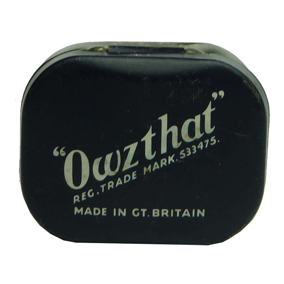 Tin Owzthat game. Made in Great Britain. Two six sided heavy dice with numbers/decisions on them. Cricket game.