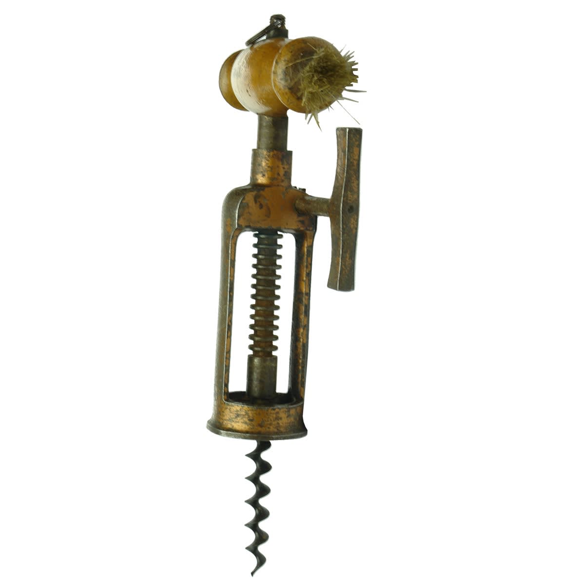 Opener. Corkscrew with wooden handle, brush and manually gear operated cork extractor.