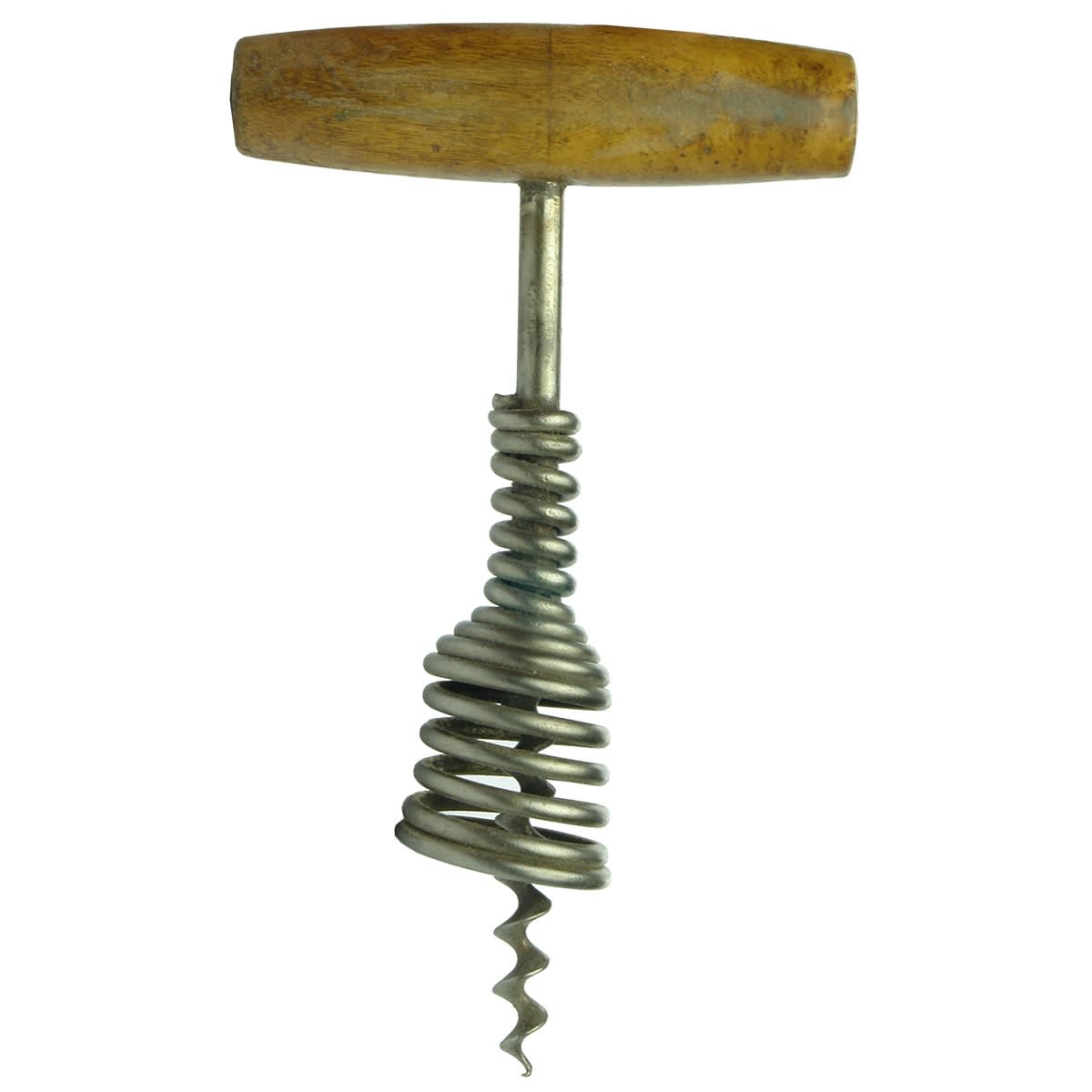 Opener. Wooden handle corkscrew with spiral spring type cup region and up half the shaft.