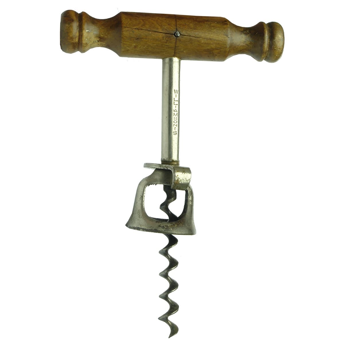 Opener. Wooden handle Williamson's corkscrew with can and crown seal opener attachments.