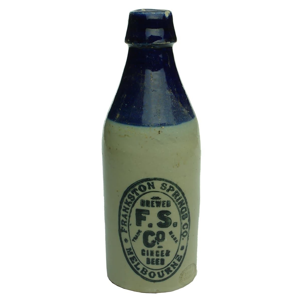 Ginger Beer. Frankston Springs Co., Melbourne. Blue Top. F. S. Co trade mark. Bendigo Pottery. (Victoria)