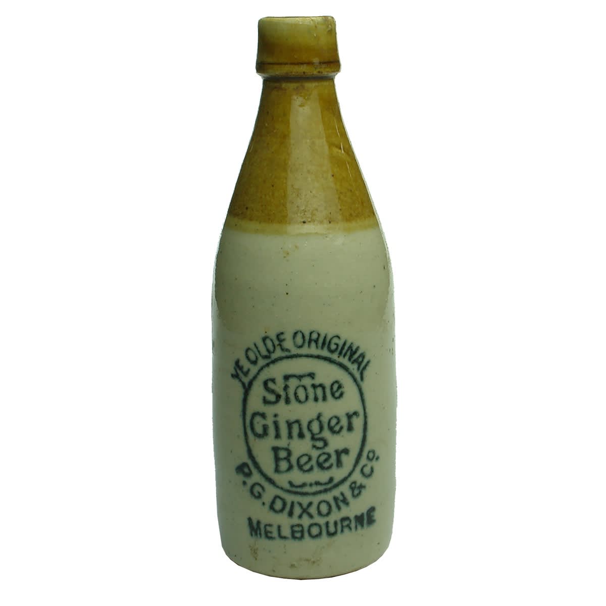 Ginger Beer. P. G. Dixon & Co., Melbourne. Champagne. Tan Top. Large badge. Bendigo Pottery. (Victoria)