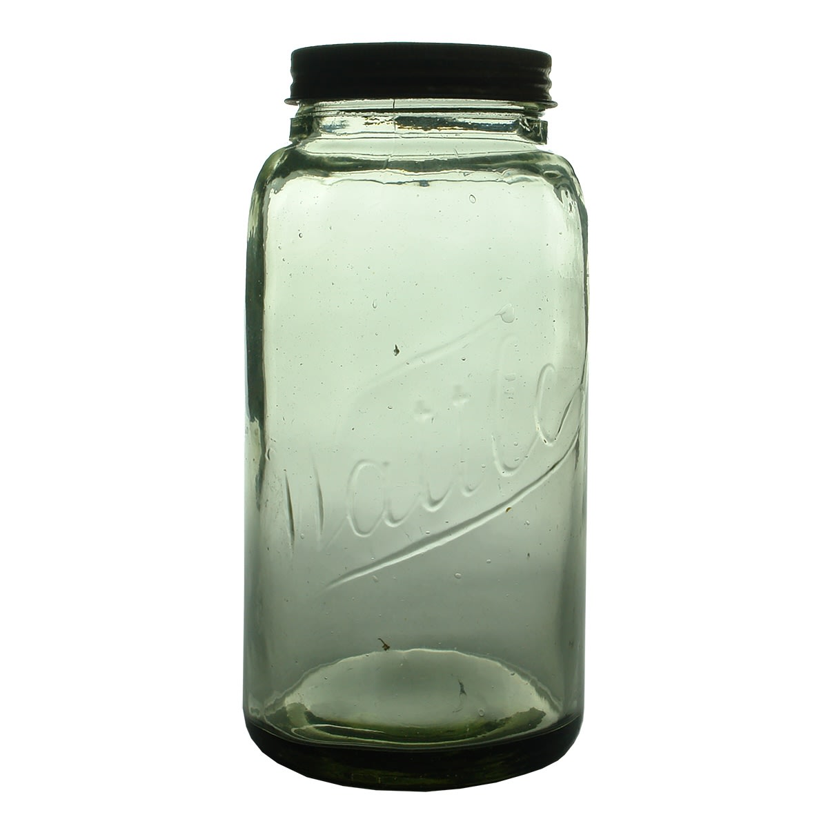 Fruit Jar. Wattle. Script embossing. Yellowish Green Aqua. Half Gallon. (Australia)