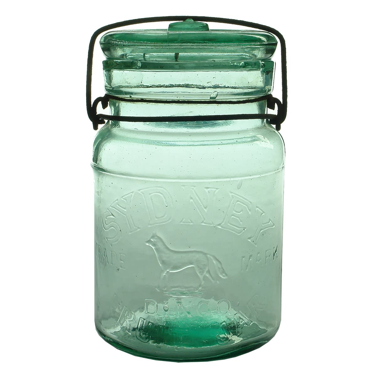 Preserving Jar. Sydney Dingo Fruit Jar. Tail down. Aqua. Quart. (New South Wales)