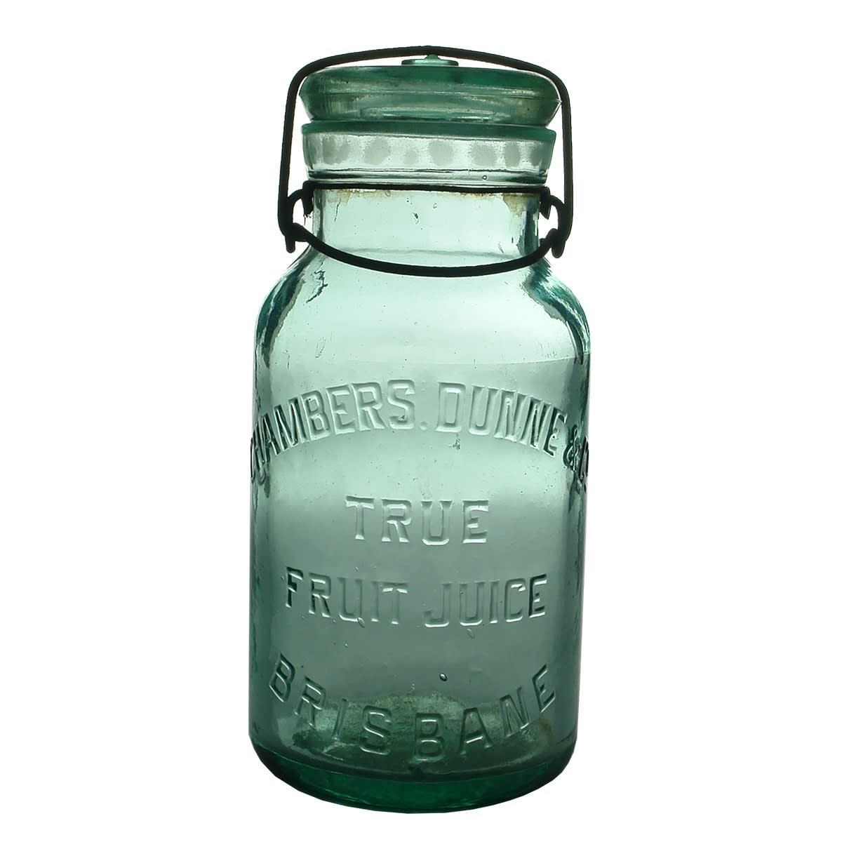 Fruit Jar. Chambers, Dunne & Co., Brisbane. True Fruit Juice. Aqua. Quart. (Queensland)