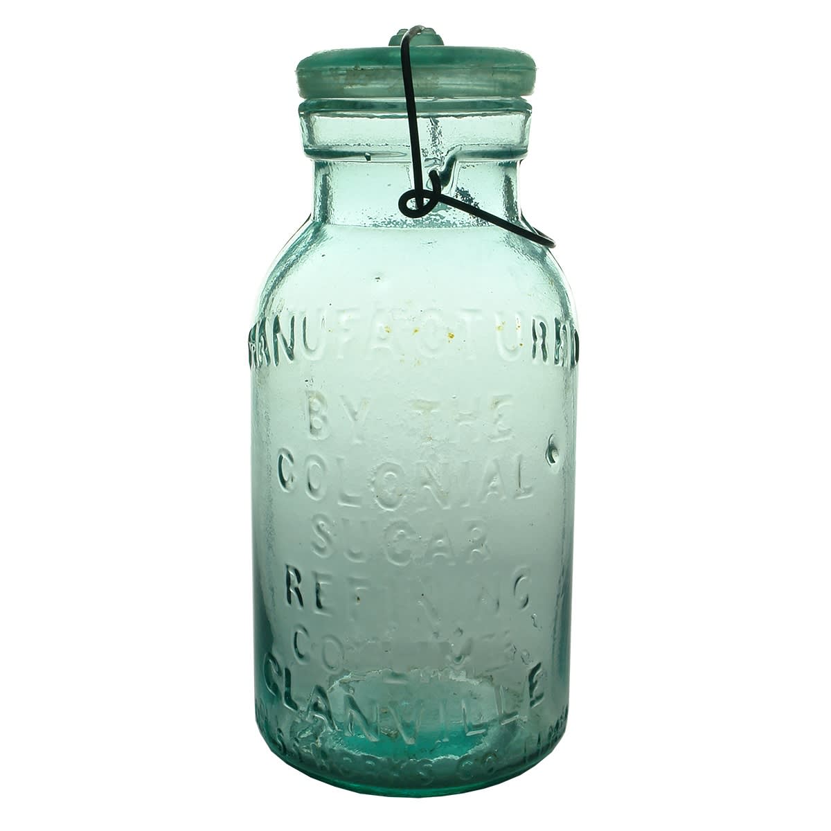 Fruit Jar. Colonial Sugar Refining Co., Glanville. Ground lip. Aqua. Quart. (South Australia)