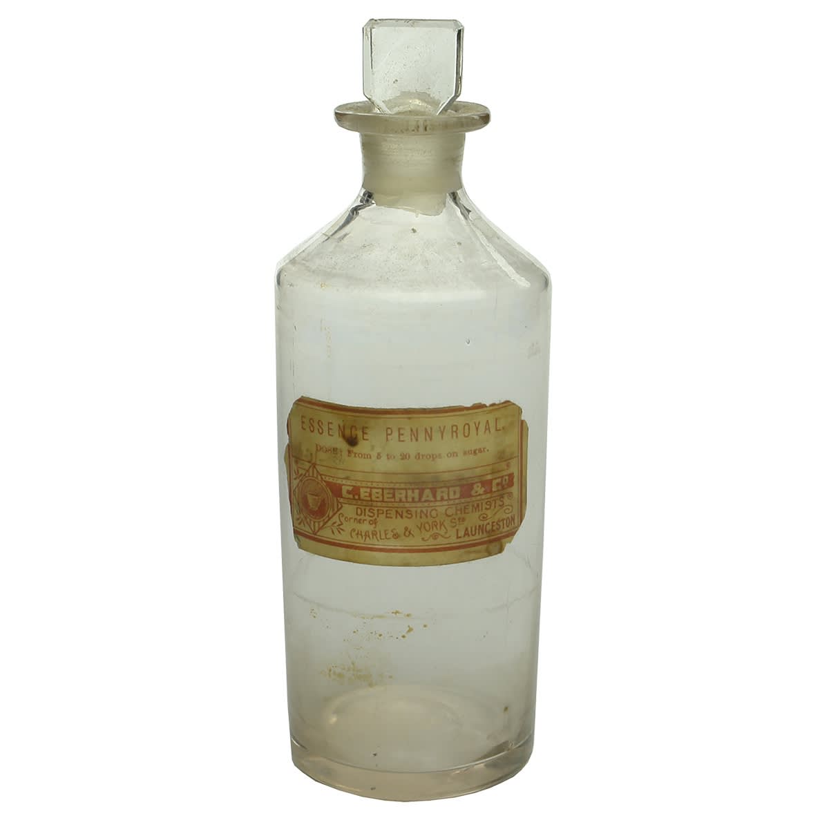 Chemist. Labelled C. Eberhard & Co., Launceston, Essence Pennyroyal. Clear. Polished pontil. (Tasmania)