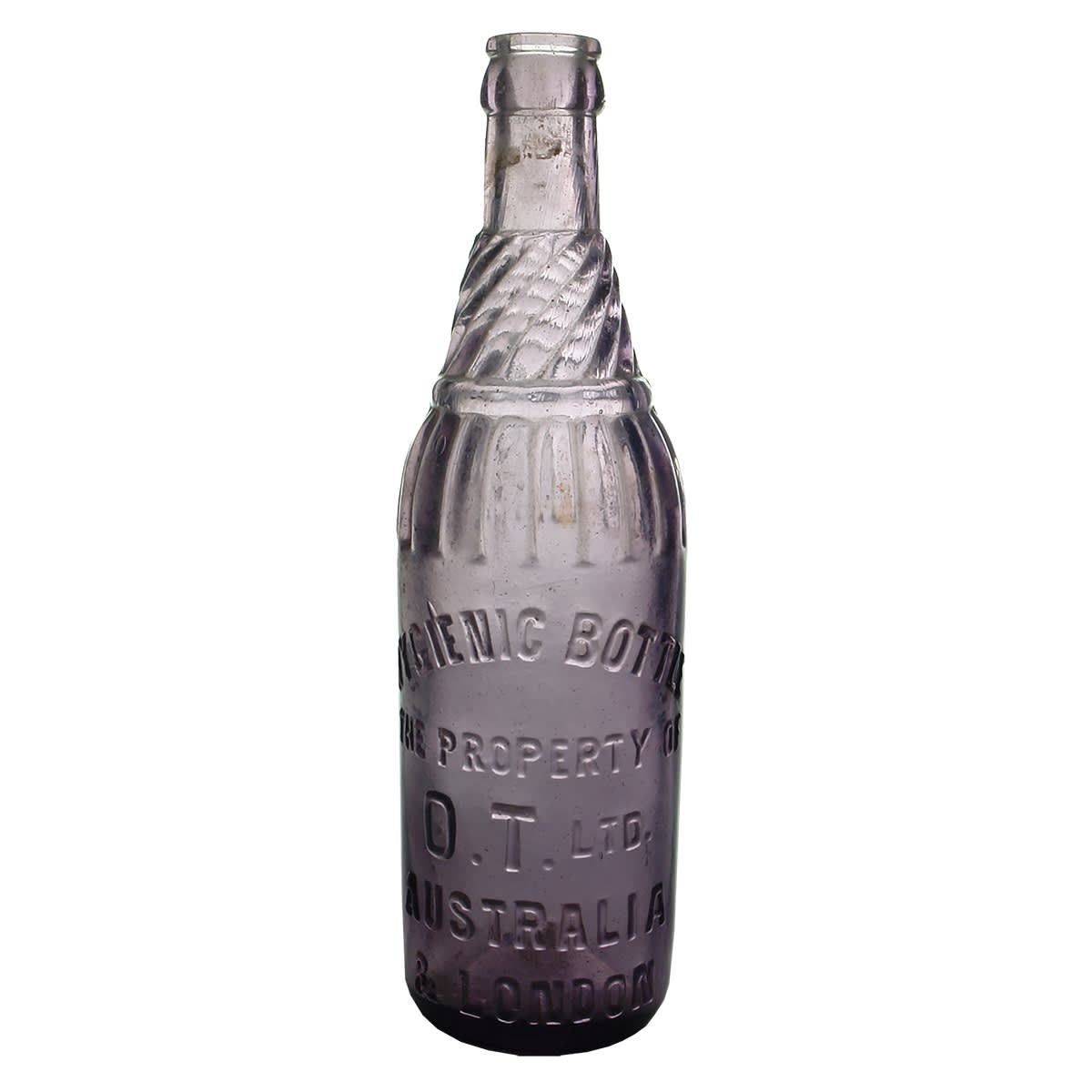 Crown Seal. O. T. Ltd Australia & London. Hygienic Bottle. Amethyst. 10 oz.