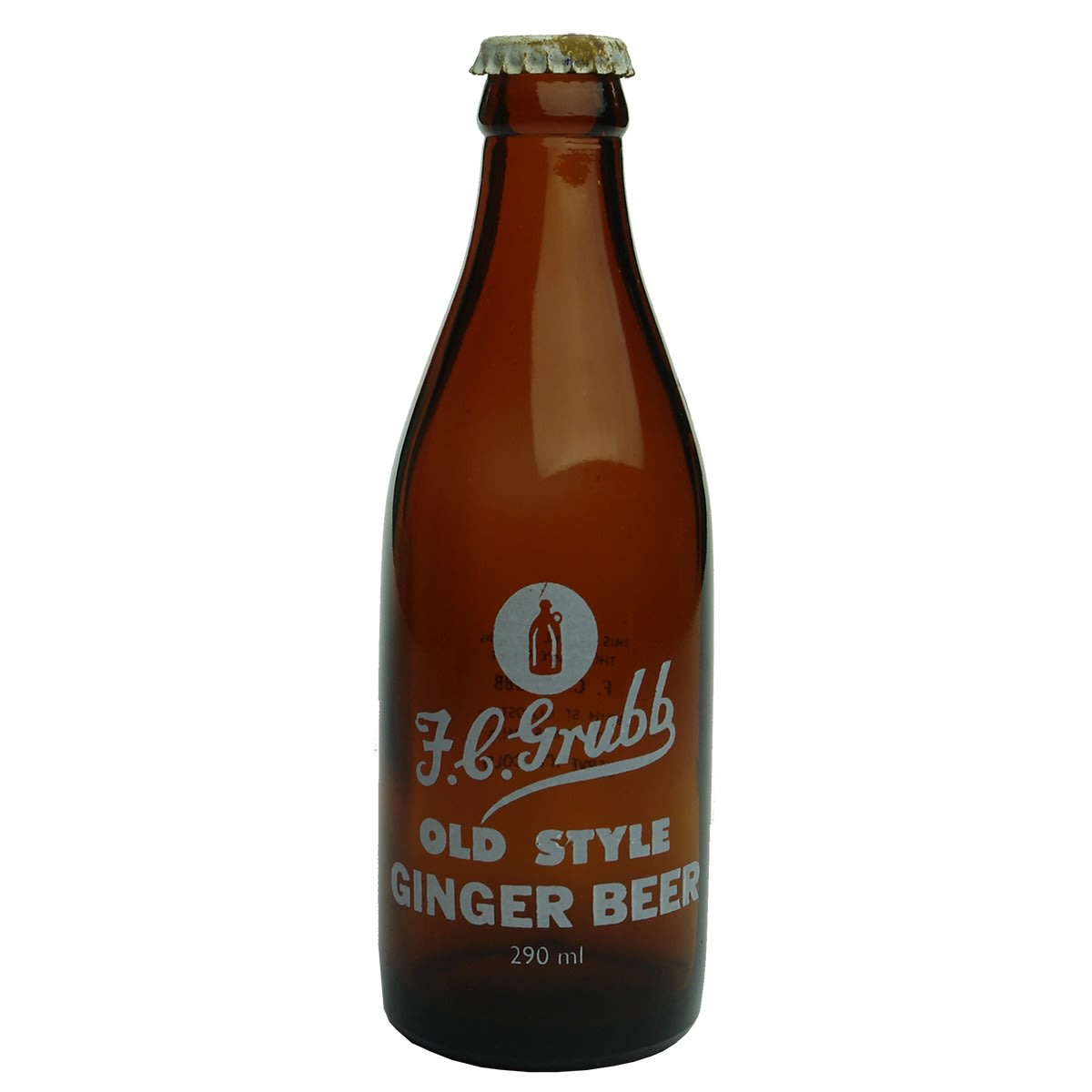 Ceramic Label Glass Ginger Beer. F. C. Grubb, Gladstone. 290 ml. Ye Olde Style Ginger Beer cap. (South Australia)