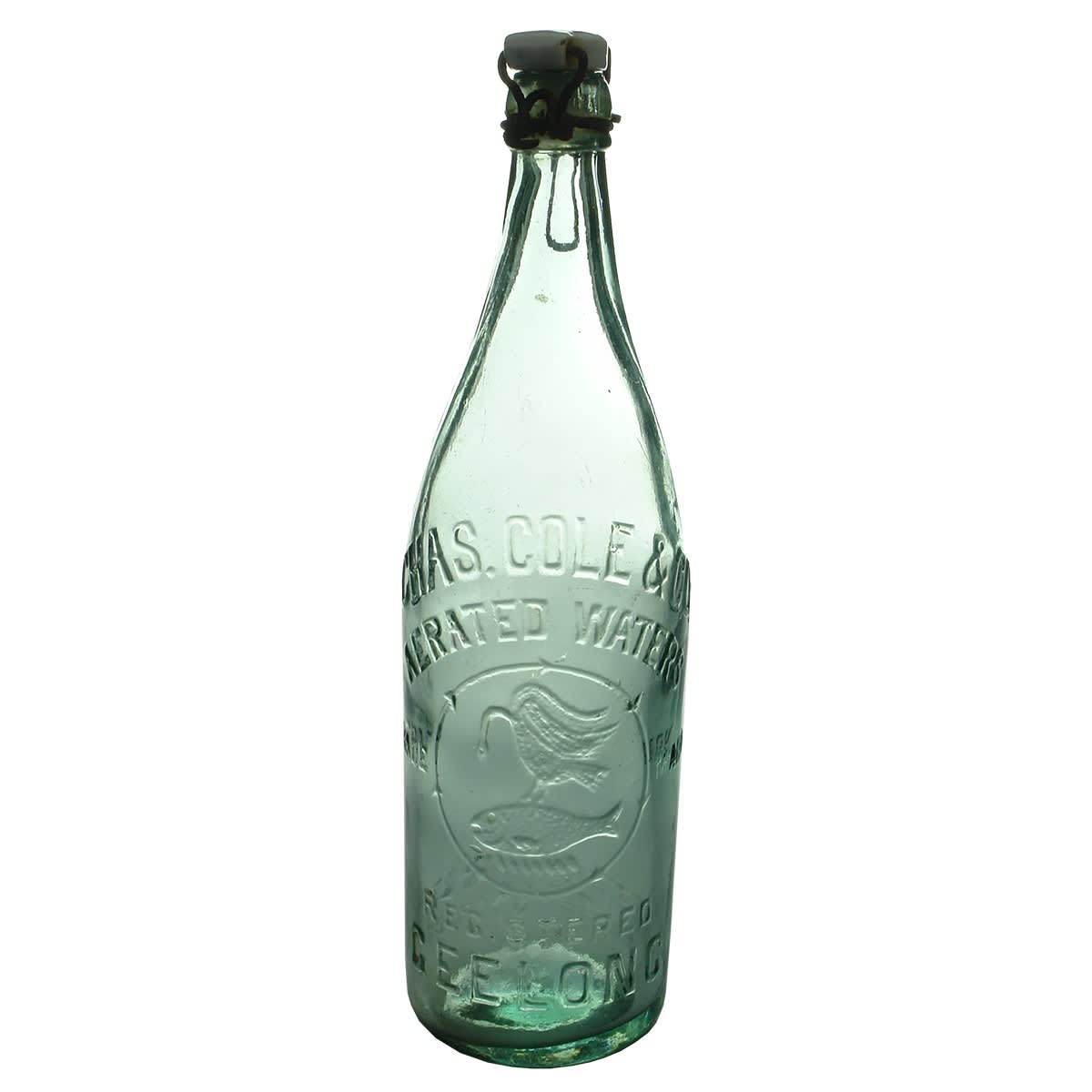 Lightning Stopper. Chas. Cole & Co., Geelong. Original stopper and wire. Aqua. 26 oz. (Victoria)