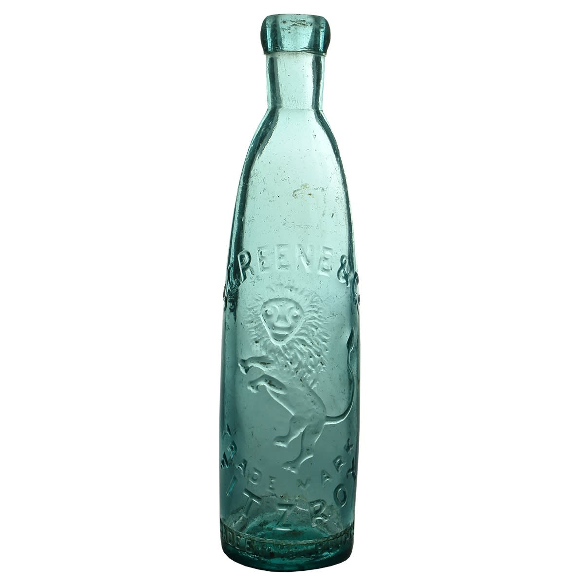 Patent. S. Greene & Co, Fitzroy. Rampant Lion. Stick Bottle. Aqua. 10 oz. (Victoria)